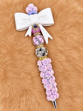 Lavender Floral Bow Rhinestone Beaded Handmade Pen